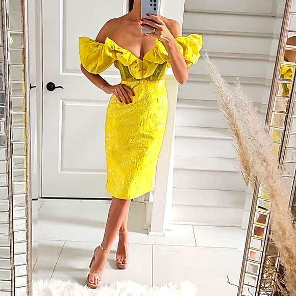 Yellow Ruffled Cocktail Dress - Picture 4 of 6